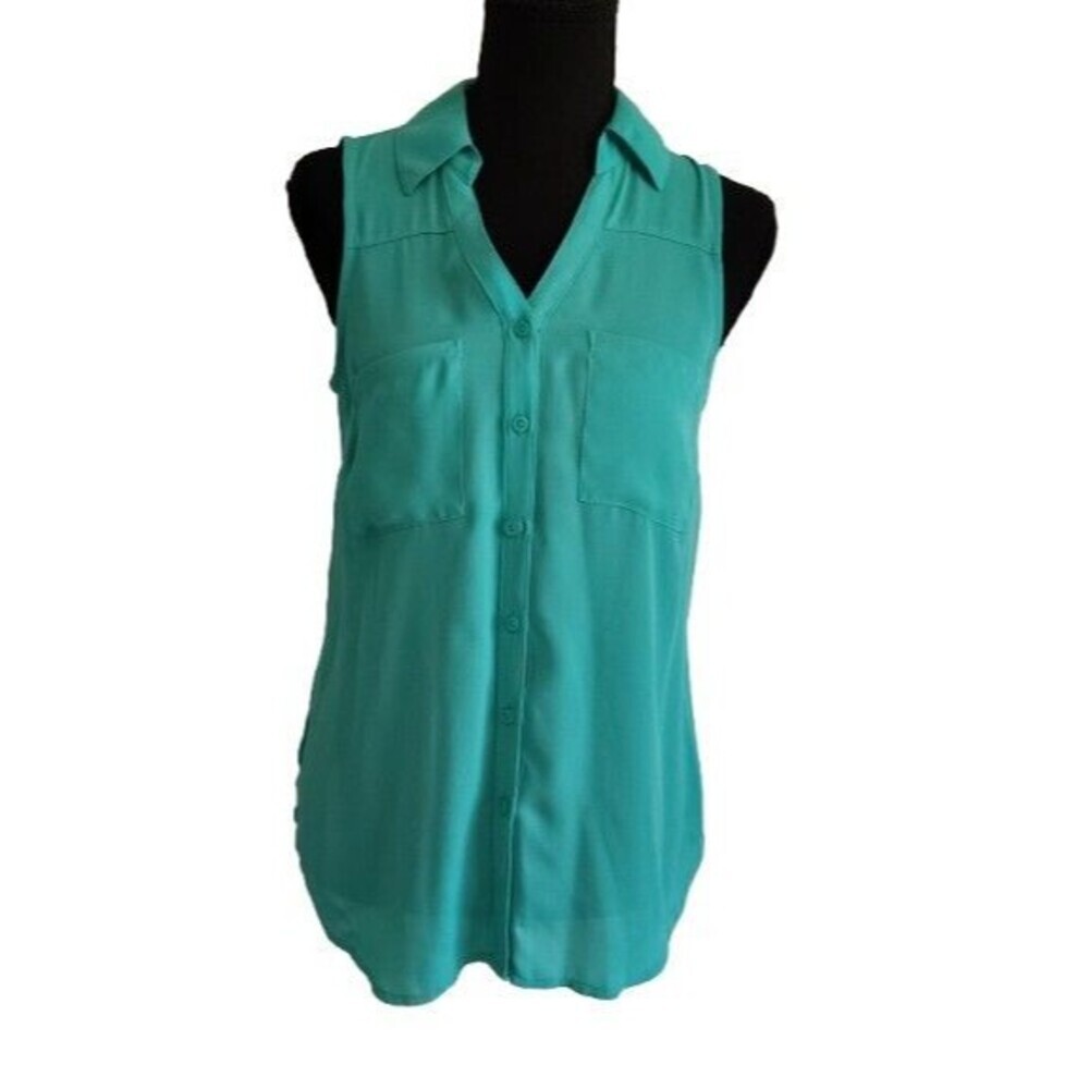 Apt. 9 NWT Teal Green Sleeveless Blouse XS Y-Neck Button Down Pocket Top